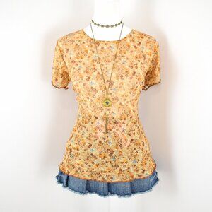 VTG Late 90s Y2K NY-5 Colorful Semi Sheer Mesh Floral Short Sleeve Baby Tee Sz M